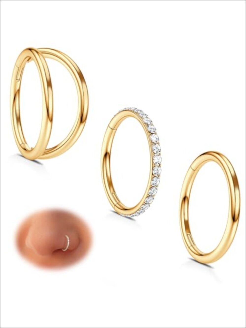 316L Surgical Steel Nose Ring Hoops 3pc CZ Septum Clicker Cartilage Piercing